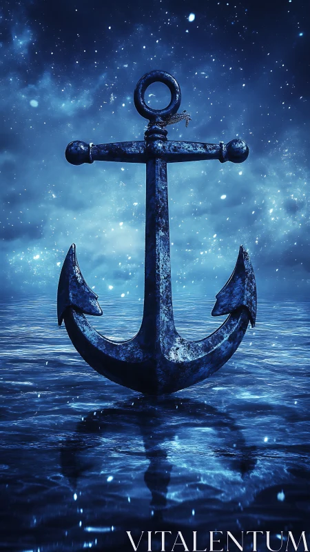 Nocturnal anchor icon in luminous monochrome seascape composition.