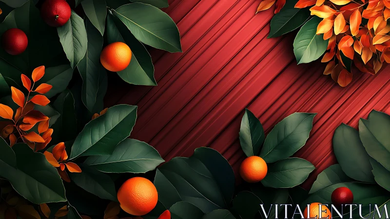 Saturated citrus foliage frames diagonal red wooden planks