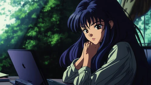 Thoughtful anime girl works quietly beside a glowing laptop