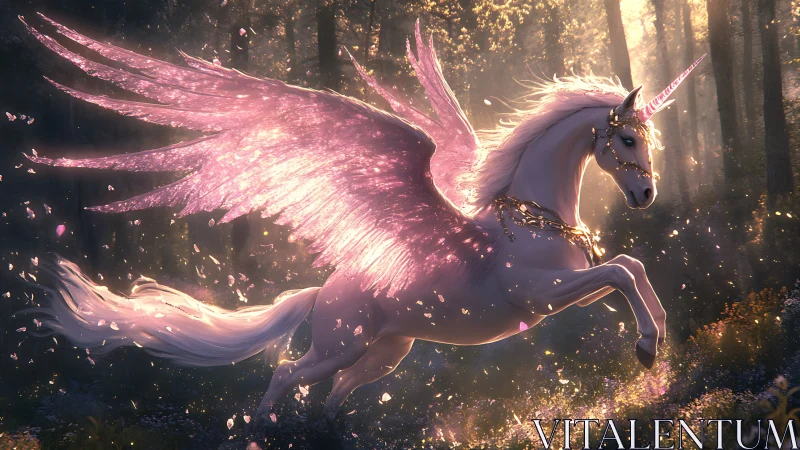 Starlit forest gallop of a rose-winged unicorn pegasus.