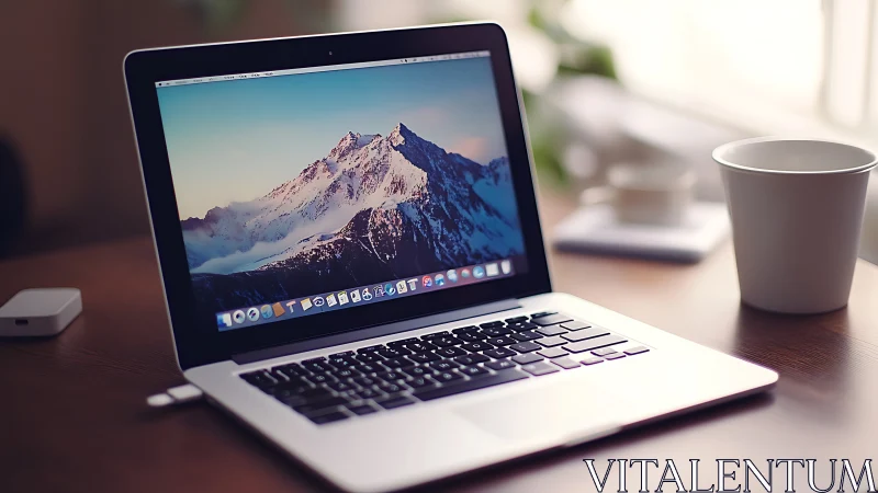 Sleek laptop on wooden desk glows with serene mountain view