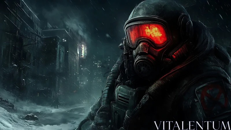 Postapocalyptic soldier stalks frozen city street in storm