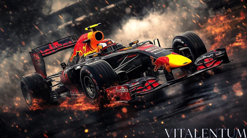 Formula race car in motion on wet track with sparks.