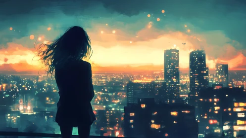 Silhouette watches neon city skyline under stormlit dusk