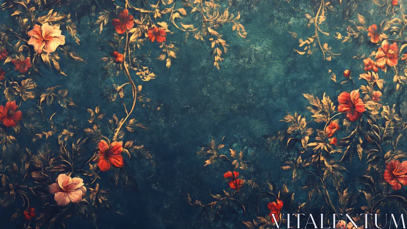Floral vines frame textured teal background with warm blooms