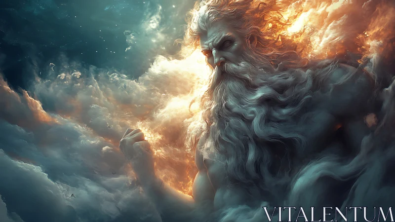 Storm god emerges from swirling celestial clouds in fury