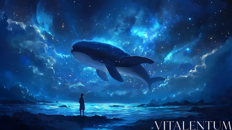 Starlit cosmic whale drifts above a dreaming ocean wanderer