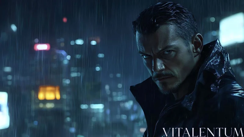 Brooding night wanderer in a neon soaked city storm.