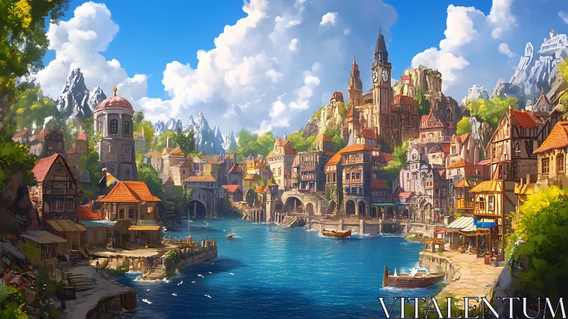 Riverside fantasy port town under bright midday sky.