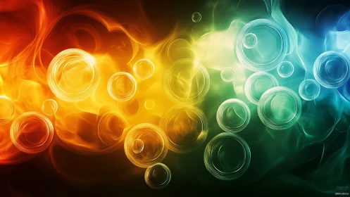 Colored circular light forms traverse gradient background