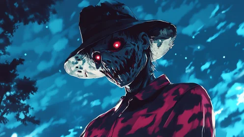 Night scene with skeletal figure in hat and glowing eyes.