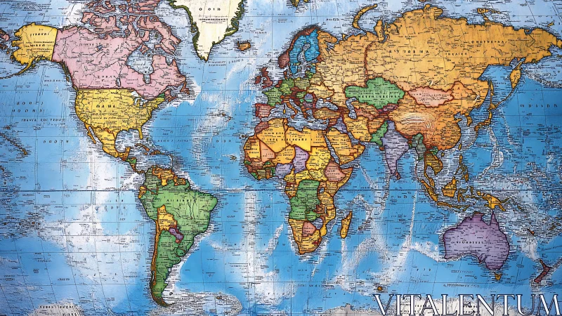 Colorful political world map highlights continents and oceans