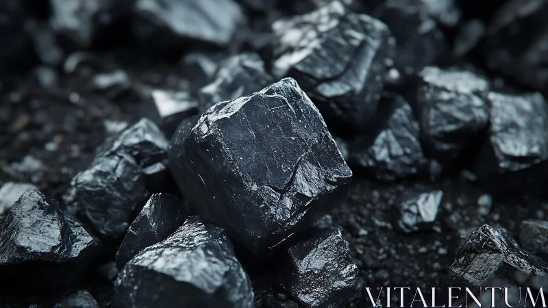 Angular coal fragments display wet reflective surfaces and sharp edges