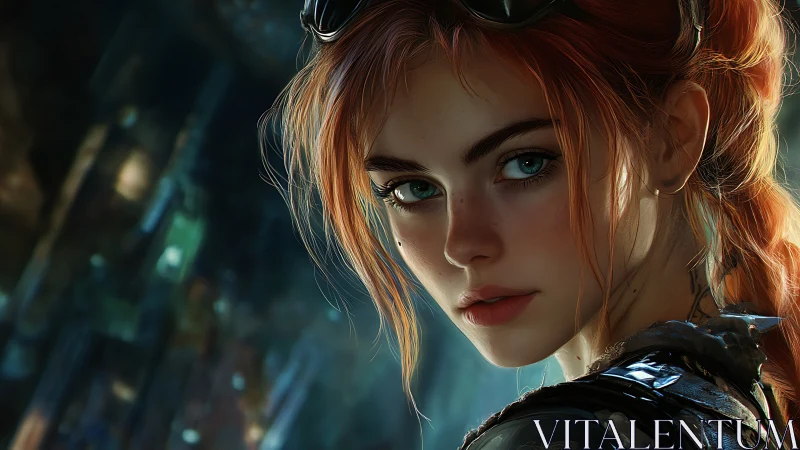 Fearless red haired explorer gazes ahead with quiet resolve