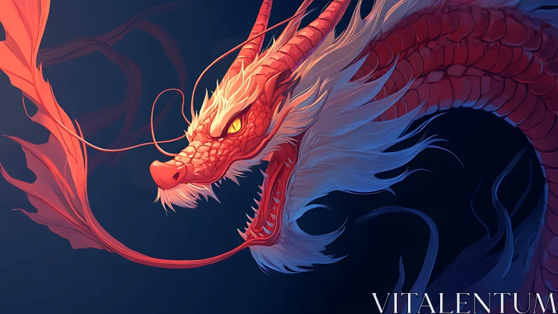 Red serpentine dragon with glowing eyes in dark sky.