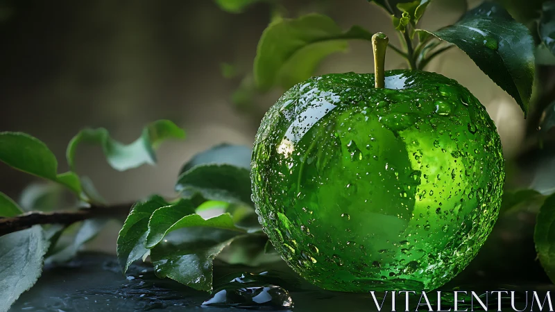 Luminous green glass apple glistens among fresh leaves