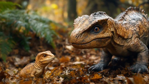 Two stylized dinosaurs in autumn forest leaf litter scene.