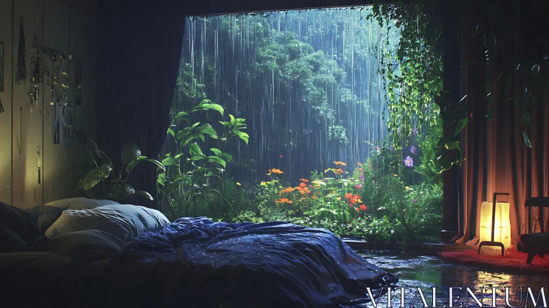 Rain-soaked bedroom aperture opening into luminous jungle garden.