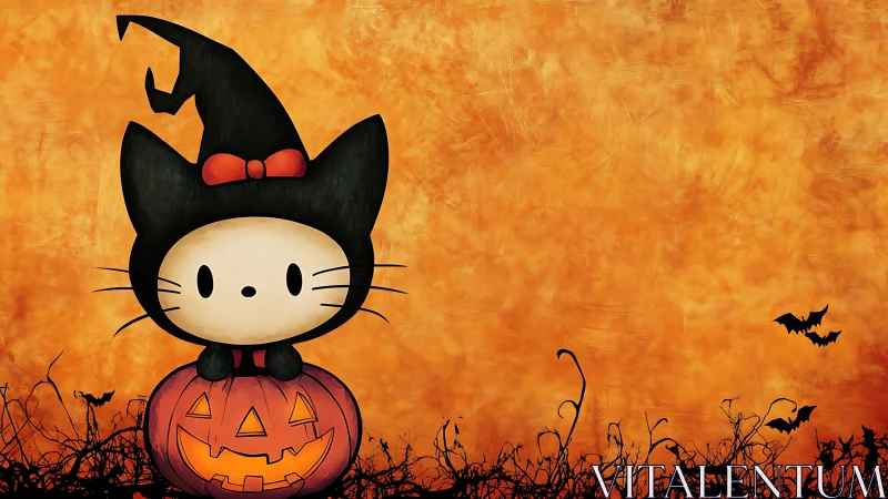 Stylized cat character with witch hat seated on carved pumpkin