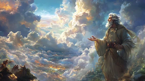 Divine figure surveys radiant cloudscape in epic digital painting