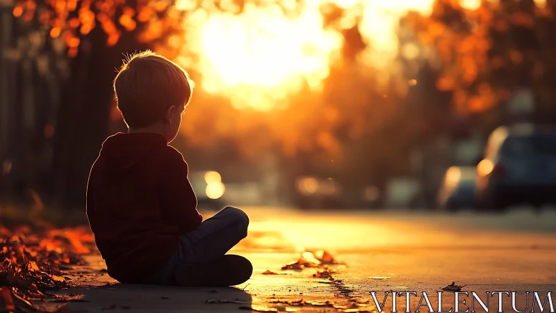 Sidewalk daydreamer in molten autumn sunset hush.