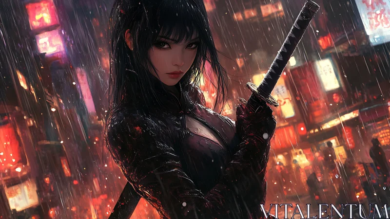 Female swordswoman in rainlit urban alley with neon signage.