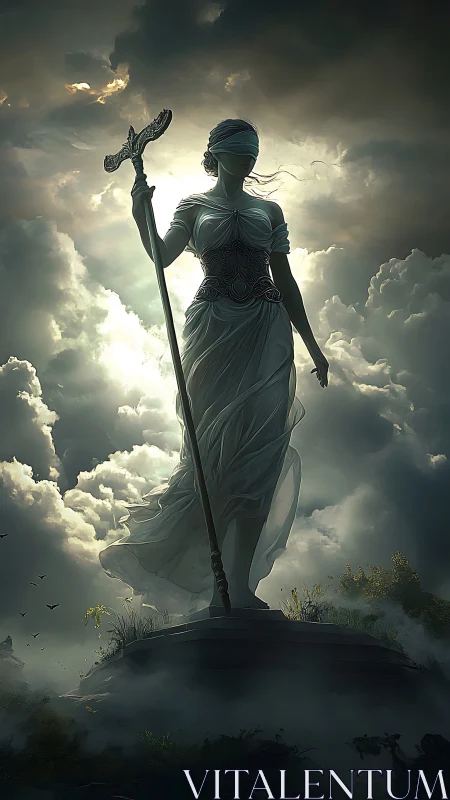 Stormlit blind justice ascends above the gathering clouds.