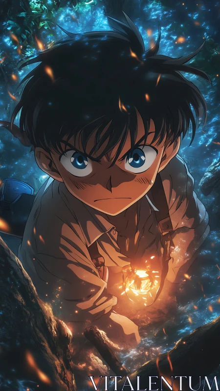 Determined anime boy clutches glowing ember in forest abyss.