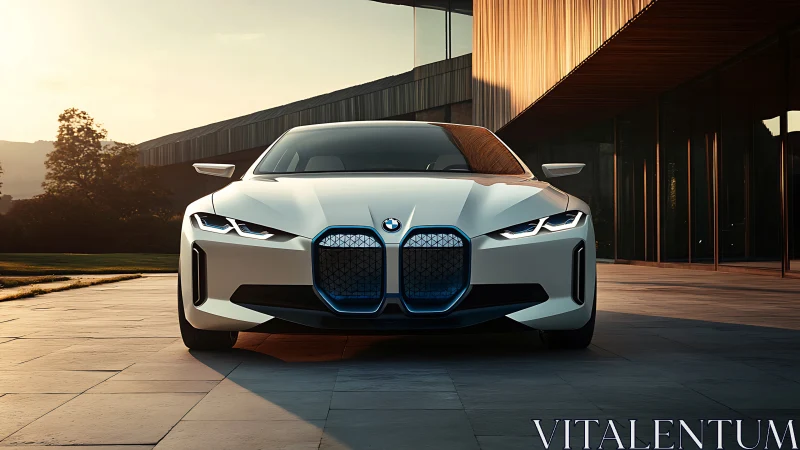 Sunlit white EV prowling a glassy modernist courtyard.