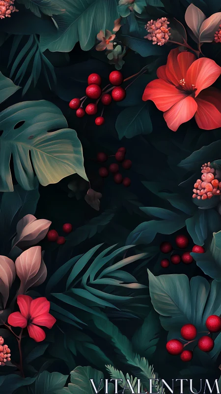 Tropical Botanical Study with Coral Florals and Berries.