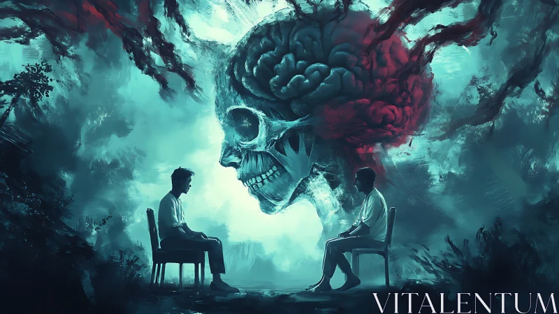 Two distant figures confront a colossal skull of the mind