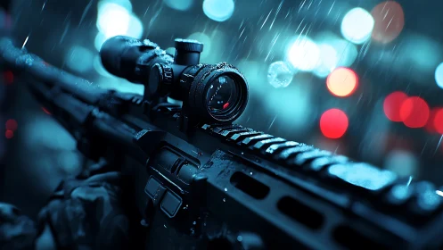 Tactical Rifle with Scope in Rain: High-Definition Cyberpunk Aesthetic.