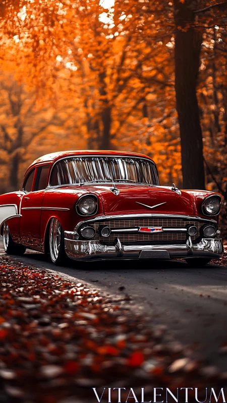 Crimson classic Chevy cruising through glowing autumn woods.