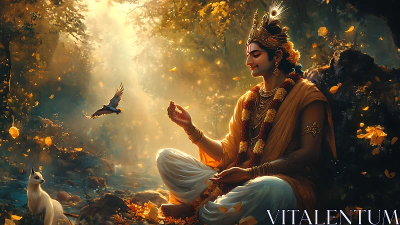 Gentle forest deity rests among animals and golden light