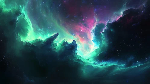 Nebula structure with teal and magenta ionized gas clouds.