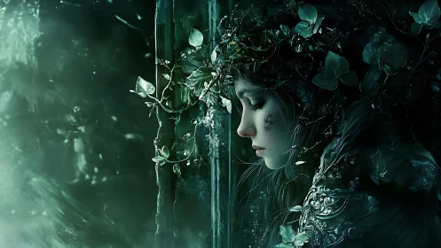 Forest spirit in quiet emerald light, lost in thought.
