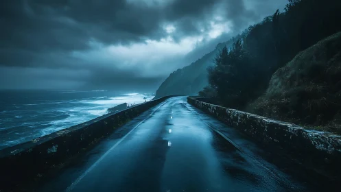 Stormy coastal road under dark clouds at twilight.