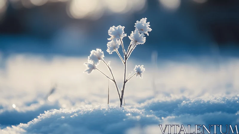 Single frost-covered plant stands in shallow snow field