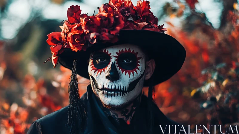 Calavera portrait glows amid crimson autumn foliage.
