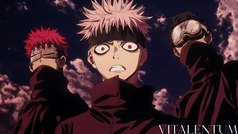 Three tense masked youths stare upward under stormy sky