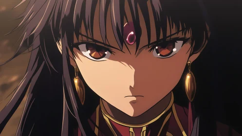Crimson-eyed anime sorceress in symmetrical frontal close-up.