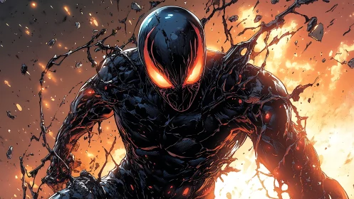 Molten-eyed symbiote entity emerges from explosive inferno.