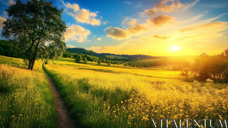 Sunlit rural meadow with receding dirt path under golden hour sky