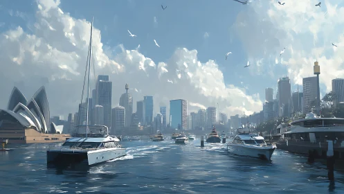 Sunlit harbor ballet with sleek yachts and city sparkles.