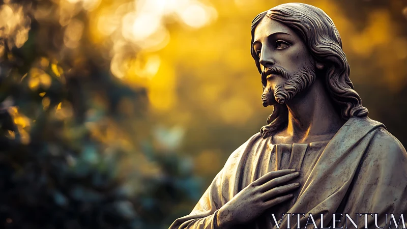 Serene stone figure glowing in gentle golden evening light.