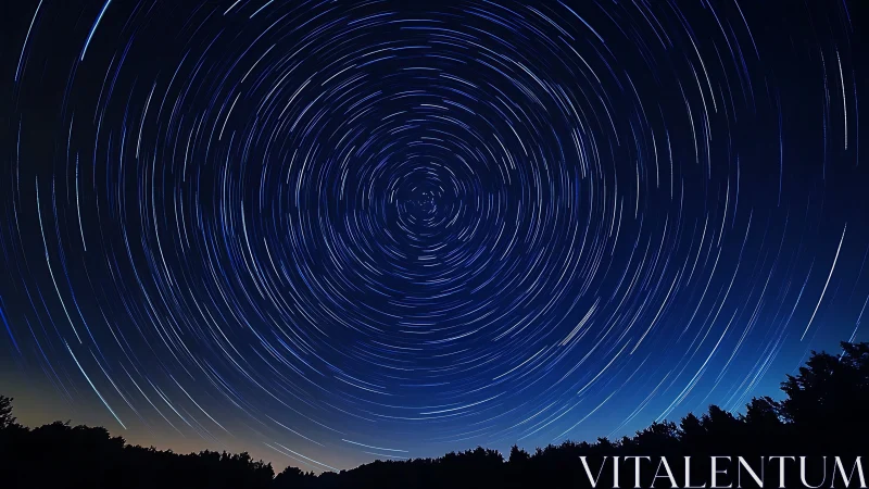 Star trails swirl over a dark forest in night sky photography.