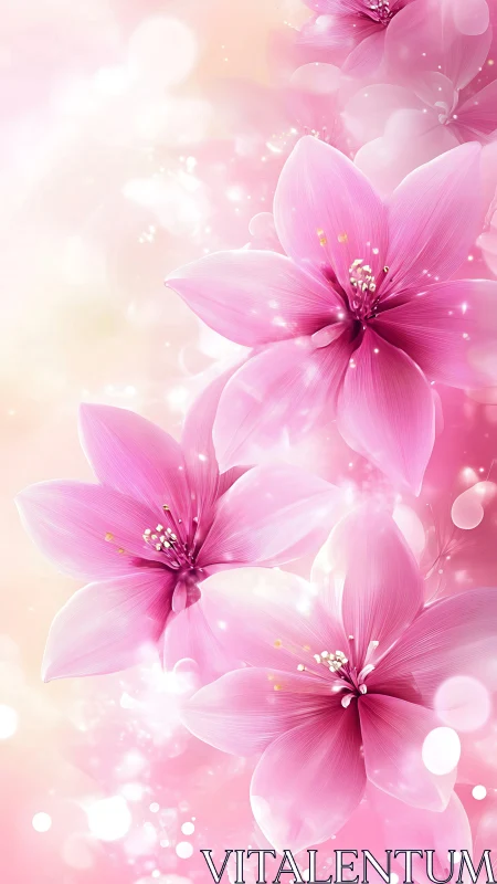 Pink flowers bloom with luminous sparkles in dreamy soft focus