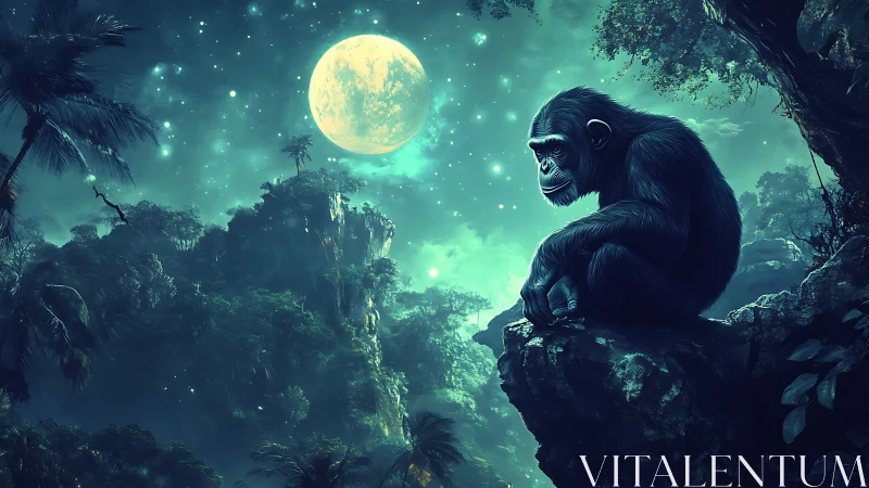 Moonlit thinker chimp on emerald jungle cliffside perch.