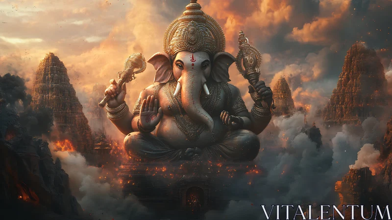 Colossal ornate Ganesha deity amid burning temple spires