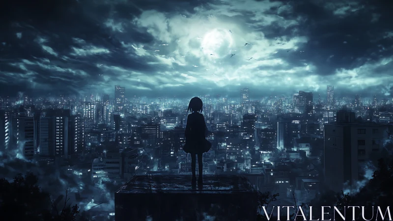 Lone silhouette contemplates a moonlit cyber city skyline